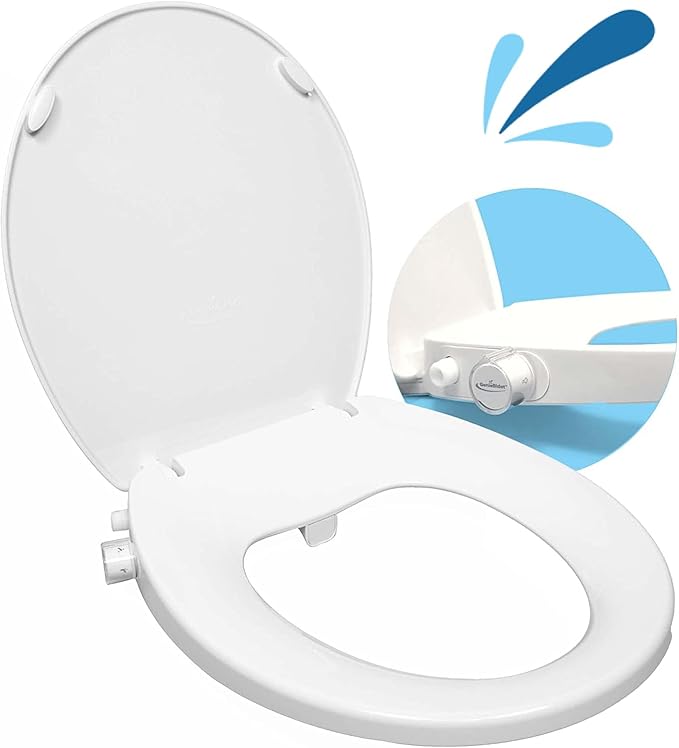 GenieBidet Bidet Toilet Seat Round - Bidet Toilet Seat with Adjustable Self-Cleaning Nozzles, Attachment, T Adapter & Bottle - Non Electric Bidet Seat