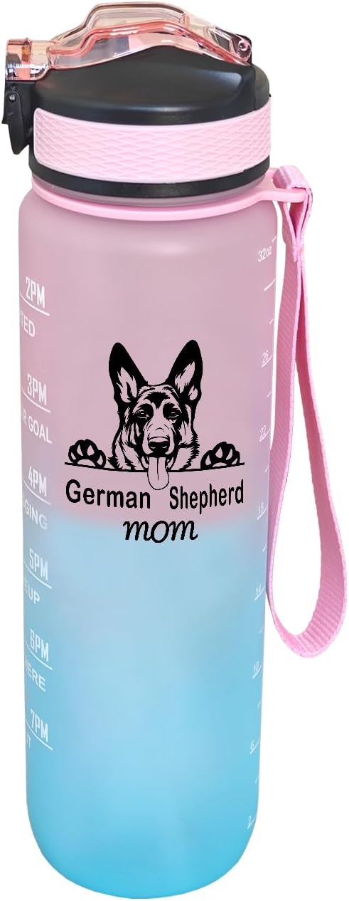 German Shepherd Mom Water Bottle with Straw, Carry Strap, LeakProof, Tritan BPA Free, 32 Oz Motivational Water Bottle with Time Marker to Drink Enough Water for Gym Fitness Outdoor