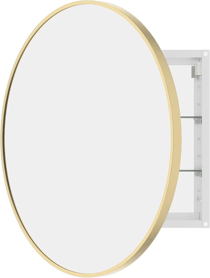 WallBeyond Bathroom Medicine Cabinet with Mirror, 28 Inch Gold Round Mirror Medicine Mabinet Wall Mounted with Aluminum Alloy Metal Framed, Surface Mount Medicine Cabinet with Storage
