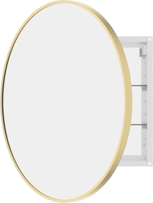 WallBeyond Bathroom Medicine Cabinet with Mirror, 28 Inch Gold Round Mirror Medicine Mabinet Wall Mounted with Aluminum Alloy Metal Framed, Surface Mount Medicine Cabinet with Storage