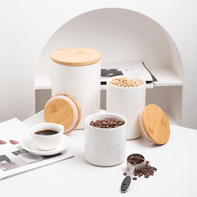 Sweejar Kitchen Ceramic Food Storage Containers, Stackable Canisters for Countertop with Airtight Boomboo Lids for Serving Ground Coffee, Tea, Sugar, Salt and More- 16 Fl Oz (White)