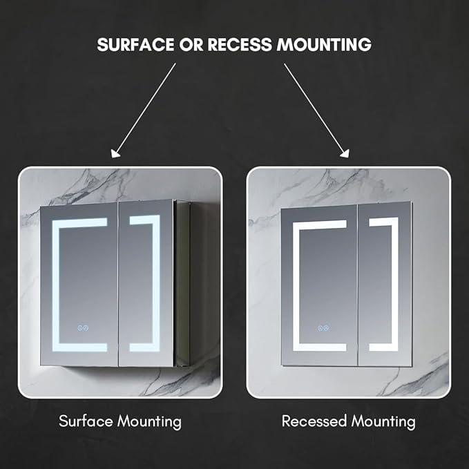 Blossom LED Medicine Cabinet Mirror for Bathroom 25x26 Inch - Recessed/Surface Mounted Lighted Medicine Cabinet with Mirror - Defogger, 3-Color Dimmer - Wall Mounted Storage Cabinet