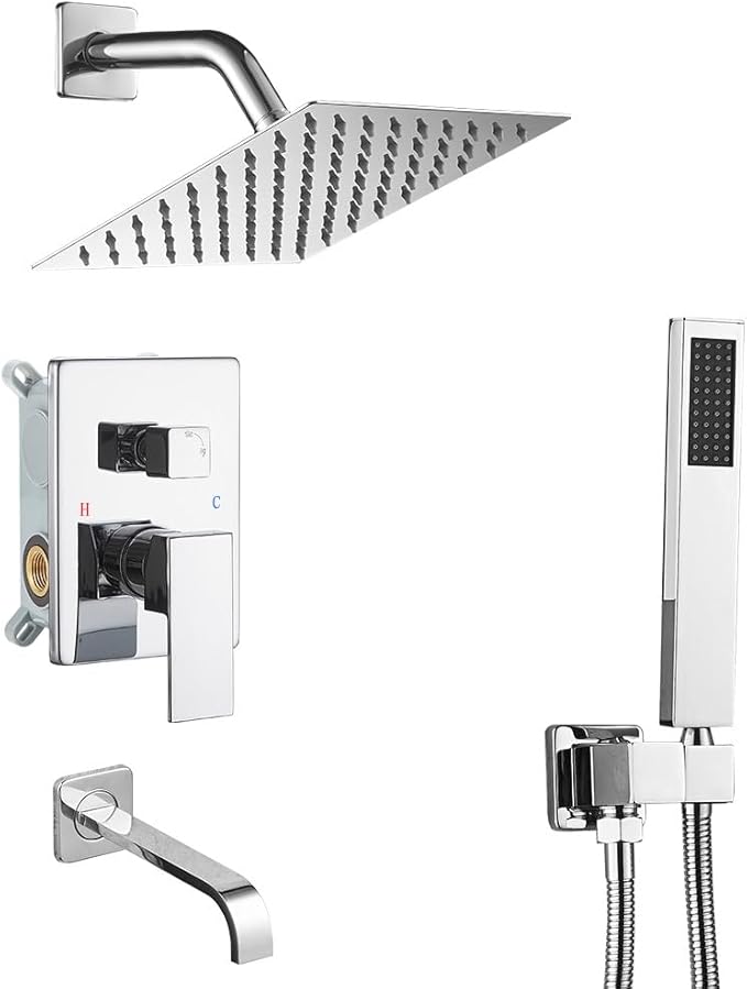 Chrome Shower System Bathroom Shower Faucet Set with Tub Spout Wall Mounted 8 Inch Shower Head and Handle Set with Handheld 3 Function Tub and Shower Trim Kit with Rough-in Valve