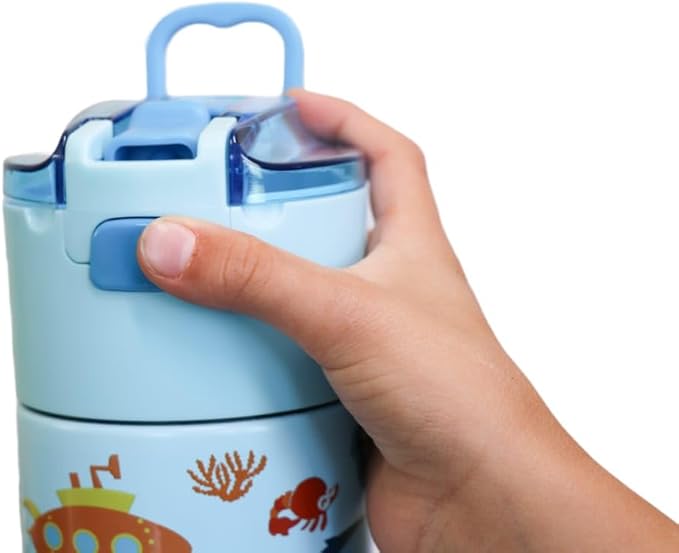 Kids insulated water bottle with straw and snack cup. Double wall stainless steel 14oz (skyblue ocean theme)