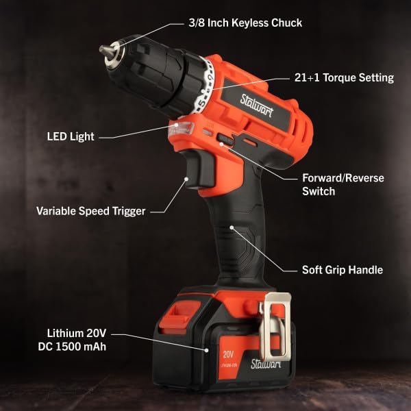 71-Piece Drill Set - 20V Cordless Drill with 21+1 Torque and Accessory Kit with Rechargeable Battery, LED Light, and Drill Bit Set by Stalwart (Red)