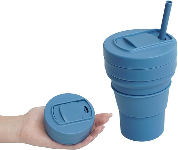 collapsible cup with Straw, Kids Insulated collapsible cups for traveling Leakproof Cup, Portable 350ml Foldable Travel Straw camping cup for Picnic,Hiking,Sports,Camping,Biking (blue)