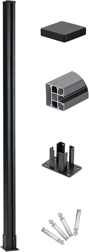 1 Corner Post for 6Ft Outdoor Privacy Fence Column, Matte Black Metal Fence Post, Base Mount, No Dig