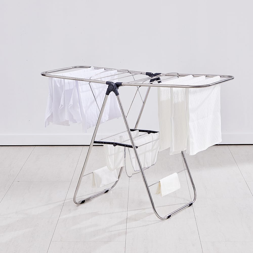 TRES BELLE 25NEW Stainless Steel Clothes Drying Rack(M)–Foldable,Lightweight,No-Slip Rods,Made in Korea,Indoor & Outdoor Use,Rust-Resistant,Towels,Underwear,Baby Clothes Drying–M Sizes