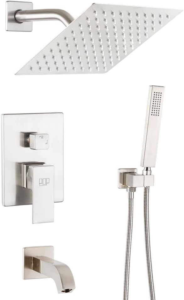 POP SANITARYWARE Shower Tub Faucet Set Brushed Nickel Bathroom 8 Inch Shower Head System with Tub Spout Wall Mounted Singe Handle Tub and Shower Trim Kit with Valve