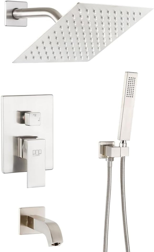 POP SANITARYWARE Shower Tub Faucet Set Brushed Nickel Bathroom 8 Inch Shower Head System with Tub Spout Wall Mounted Singe Handle Tub and Shower Trim Kit with Valve