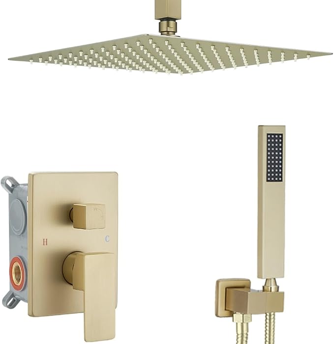 Brushed Gold Shower System Bathroom 16 Inch Rain Shower Head Ceiling Mount with Handheld Luxury High Pressure Shower Combo Set Shower Faucet Rough-in Valve Body and Trim Included