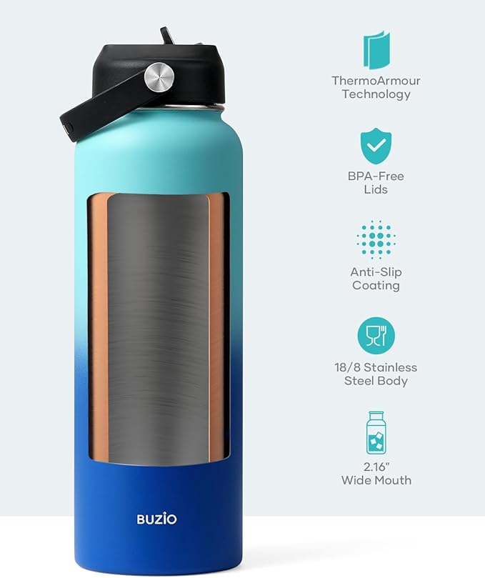 BUZIO Double Wall Stainless Steel Sports Wide Mouth Water Bottle, BPA-Free Flex Cap and Straw Lid, 40 Ounces & 32 Ounces Water Bottle, Sea Breeze