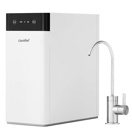 COMFEE' Reverse Osmosis System, 400 GPD, 1.5:1 Pure to Drain, Tankless RO System, NSF Standards, TDS Reduction, USA Tech Support, Under Sink Water Filter System with Brushed Nickel Faucet