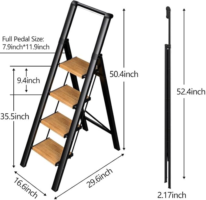 Step Ladder 4 Step Folding Stool with Anti-Slip Widened Sturdy Pedal and Handgrip, Portable Lightweight Aluminum Ladder for Home,Kitchen,300 lbs Capacity-Black+Woodgrain
