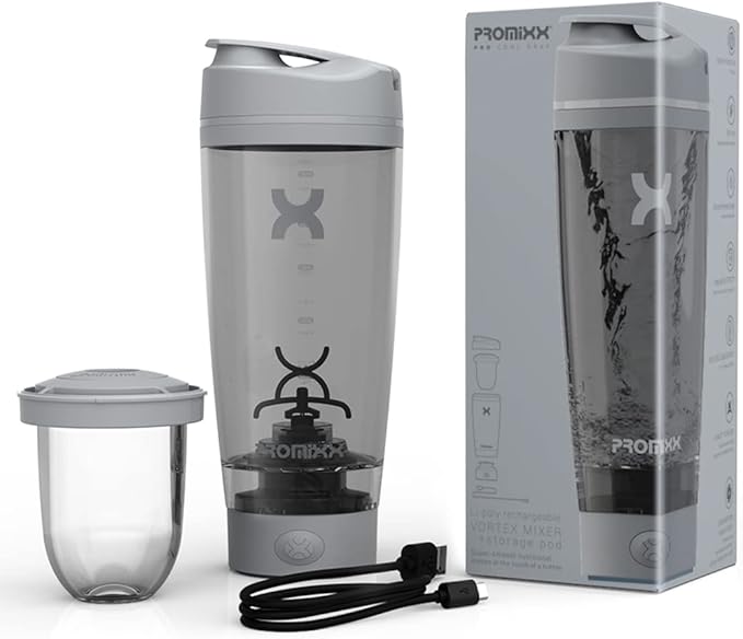 Promixx Pro Shaker Bottle | Rechargeable, Powerful for Smooth Protein Shakes | includes Supplement Storage - BPA Free | 20oz Cup (Cool Gray)