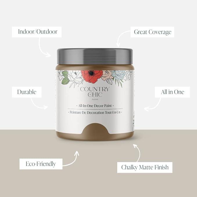 Country Chic All-in-One Chalk Paint for Furniture, Cabinets, Home Decor, Eco-Friendly, Matte Finish, Built-In Primer & Top Coat for Wood, Metal - Driftwood (Brown) - Pint 16 oz (475 ml)