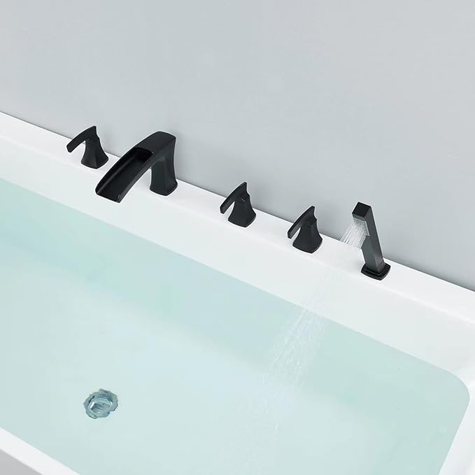 Roman Tub Faucet Waterfall Bathtub Faucet Black Deck Mount Tub Filler 5 Hole Brass Bathroom Faucets with Hand Shower