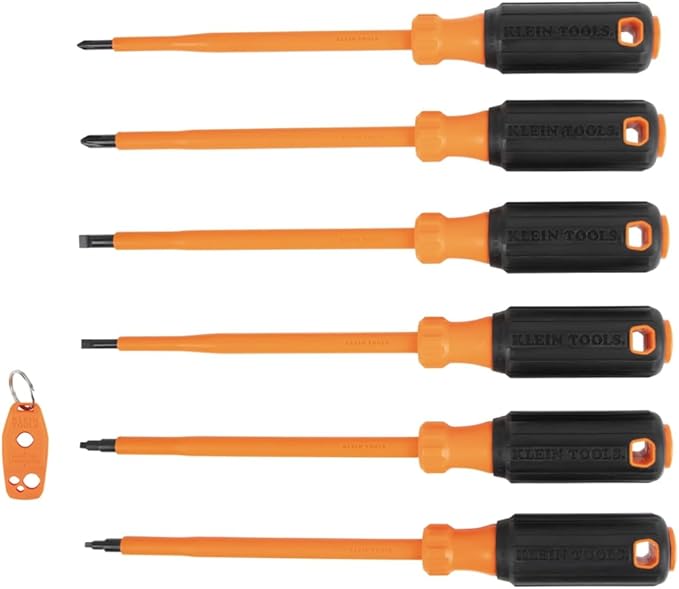 Klein Tools 85077INSR Insulated Screwdriver Set with Magnetizer, Made in USA, 1000V Electrical Screwdrivers, Phillips, Slotted, Square, 7-Piece