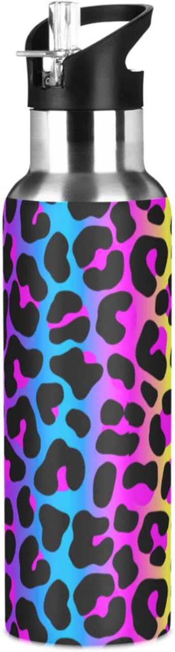 senya 20 Oz Water Bottle with Straw Leopard Print Cheetah Neon Gradient Stainless Steel Water Bottle for Traveling Sports Leakproof Insulated Water Bottle