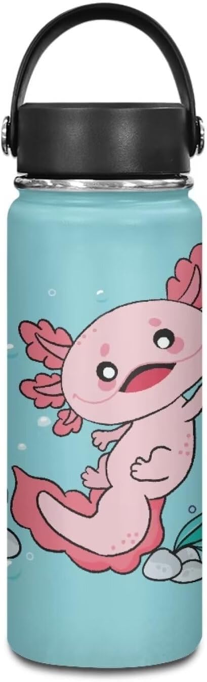 Cute Axolotl Insulated Water Bottle 20 Oz Stainless Steel Bottle with Handle Thermal Mug Sports Water Bottles for Workout, Bike Metal Water Bottle