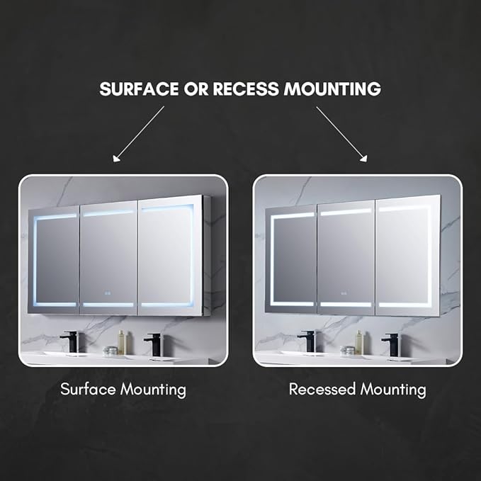 Blossom 60-Inch LED Lighted Mirror Medicine Cabinet | Recessed or Surface Mount Bathroom Cabinet | One Touch Built-in Defogger | Dimmer | Makeup Mirror | 3 Adjustable Glass Shelves