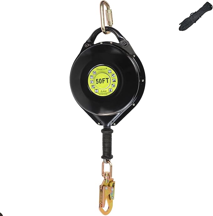 [Internal Shock Absorber] Self Retracting Lifeline Shemior 50FT SRL, Retractable Safety Lanyard, No Tangle+Aviation Grade Galvanized Steel Cable, Fall Arrest Roofing Gear, ANSI Compliant