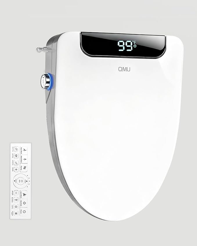 Heated Bidet Toilet Seat Elongated with LED Display & Remote Control - Smart Soft Close Toilet Seat Electric Bidet with Dryer, Warm Water, Feminine Wash, Self-Cleaning Nozzle, IPX4, White