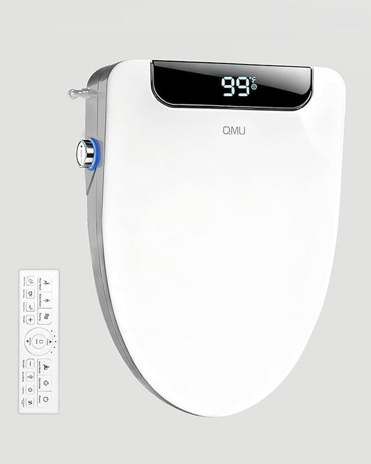 Heated Bidet Toilet Seat Elongated with LED Display & Remote Control - Smart Soft Close Toilet Seat Electric Bidet with Dryer, Warm Water, Feminine Wash, Self-Cleaning Nozzle, IPX4, White