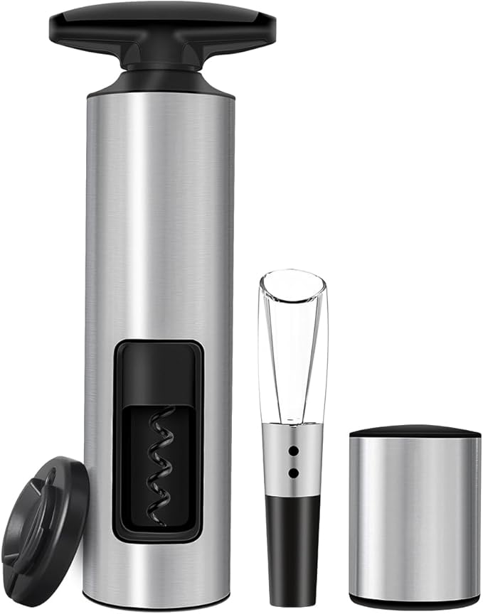 Self-Pulling Wine Opener Set, Twist Wine Corkscrew with Foil Cutter/Premium Vacuum Stopper & Wine Aerator Pourer, Eco-Friendly, Waiter Corkscrew, Manual Wine Opener Gifts(Stainless Steel)