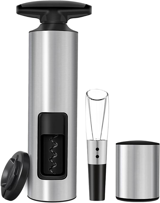 Self-Pulling Wine Opener Set, Twist Wine Corkscrew with Foil Cutter/Premium Vacuum Stopper & Wine Aerator Pourer, Eco-Friendly, Waiter Corkscrew, Manual Wine Opener Gifts(Stainless Steel)