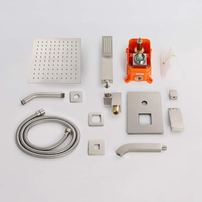 POP SANITARYWARE Shower Tub Faucet Set Brushed Nickel Bathroom 8 Inch Shower Head System with Tub Spout Wall Mounted Singe Handle Tub and Shower Trim Kit with Valve