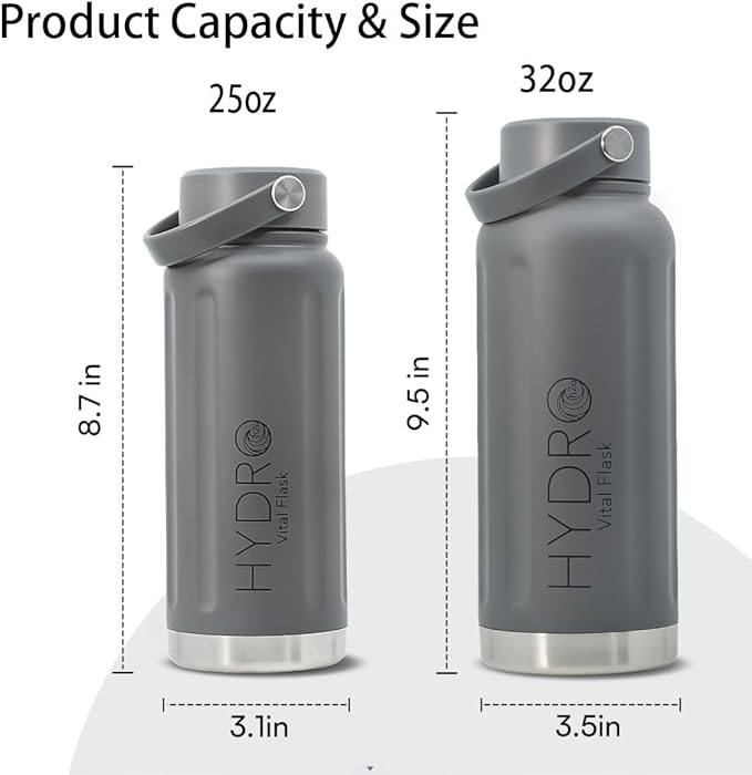 32 oz Insulated Water Bottles with Handle, Stainless Steel Water Bottle, Leak Proof Metal Water Bottle, Resuable Thermos BPA Free Flask, Gray 25oz | 32oz