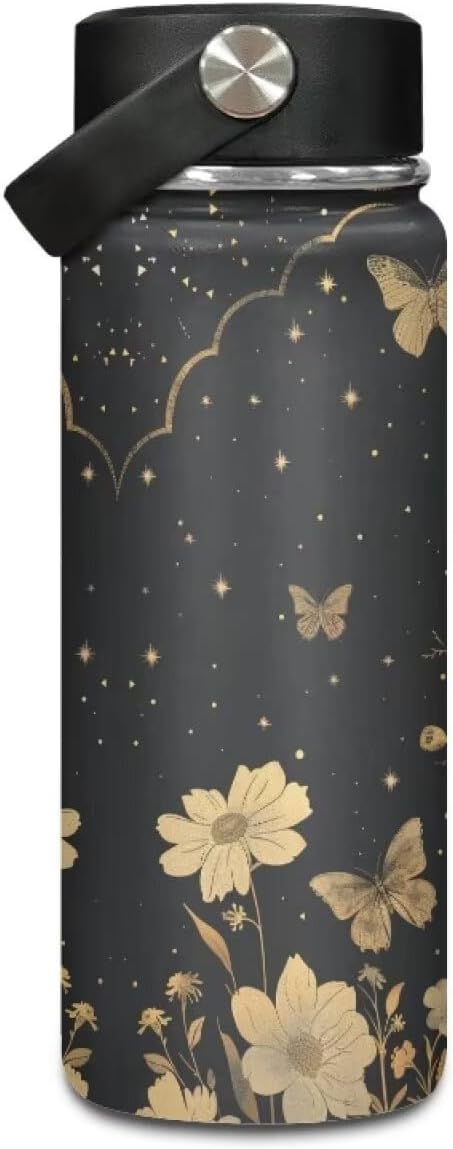 Moon Butterfly Insulated Water Bottle 18 Oz Stainless Steel Leak Proof Vacuum Easy to Clean Lightweight Keeps Cold and Hot Great for Travel Hiking Biking Running