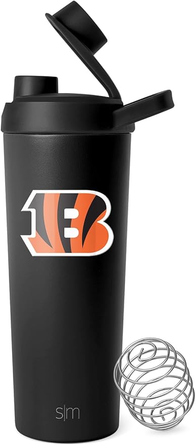 Simple Modern Officially Licensed NFL Cincinnati Bengals Stainless Steel Shaker Bottle with Ball 24oz | Metal Insulated Cup for Protein Mixes Shake Pre Workout | Rally Collection | Cincinnati Bengals