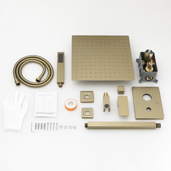 12 Inch Brushed Gold Ceiling Mount Shower System Bathroom Luxury Rain Mixer Shower Combo Set Ceiling Rainfall Shower Head System Faucet Contain Rough-in Valve and Trim Included