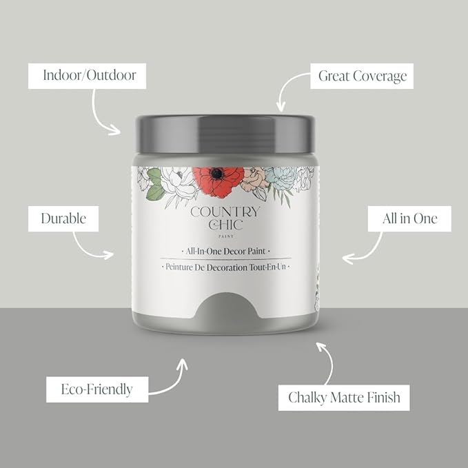 Country Chic All-in-One Chalk Paint for Furniture, Cabinets, Home Decor, Eco-Friendly, Matte Finish, Built-In Primer & Top Coat for Wood, Metal - Pebble Beach (Grey) - 8 oz (237 ml)
