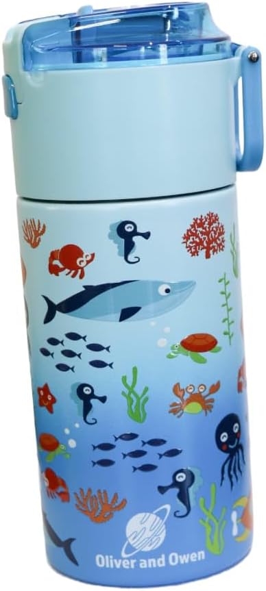 Kids insulated water bottle with straw and snack cup. Double wall stainless steel 14oz (skyblue ocean theme)