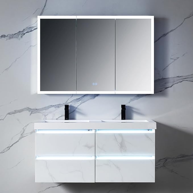 Blossom LED Lighted Mirror Medicine Cabinet, 48x32 Inch | Wall Mounted Recessed or Surface Bathroom LED Medicine Cabinet with Mirror, Makeup Mirror with Lights | Defogger, 3 Color Dimmer