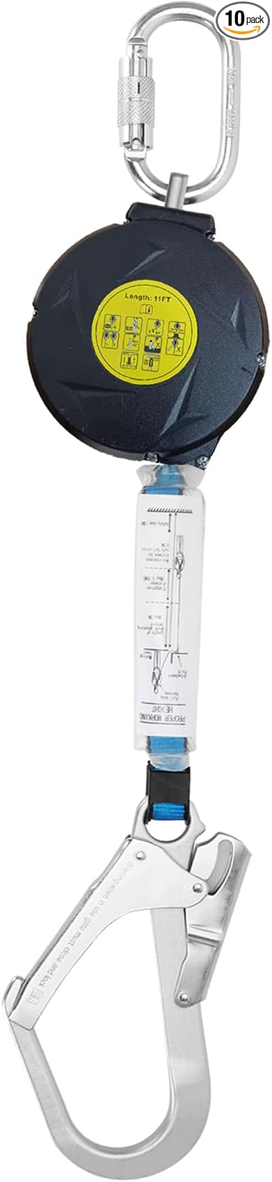 11FT Self Retracting Lifeline, Retractable Safety Lanyard 11ft Fall Protection with Swivel Top Rebar Hook and Shock Pack Absorber, Fall Protection Lanyard 11ft for House Construction Industry