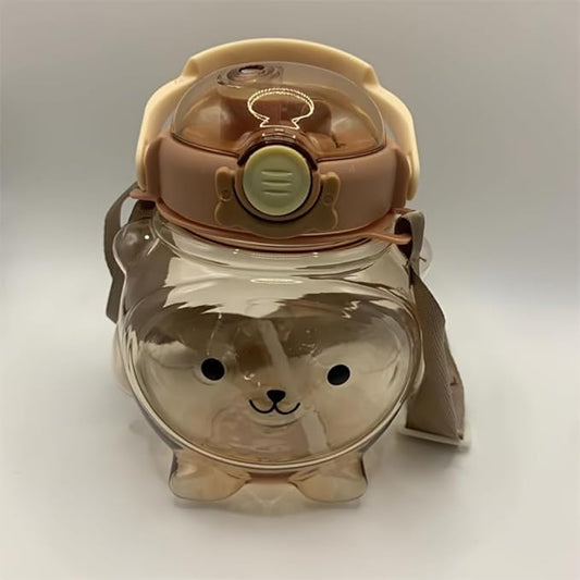 Cute Bear Water Bottle with Strap and Straw, 32oz Kawaii Kids Water Bottles, Leak-proof Plastic Drinking Cups for Children kids Girls Women School Sports Camping Picnic Hiking Travel (Brown)