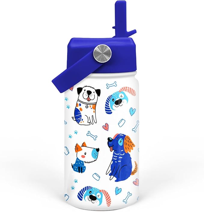 Dog Water Bottle - Kids Water Bottle with Straw Lid - 12 Oz Insulated Stainless Steel Water Bottles for Toddlers Kid Boys - Travel Cup for School Sports