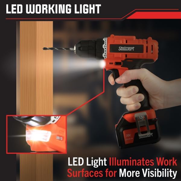 71-Piece Drill Set - 20V Cordless Drill with 21+1 Torque and Accessory Kit with Rechargeable Battery, LED Light, and Drill Bit Set by Stalwart (Red)