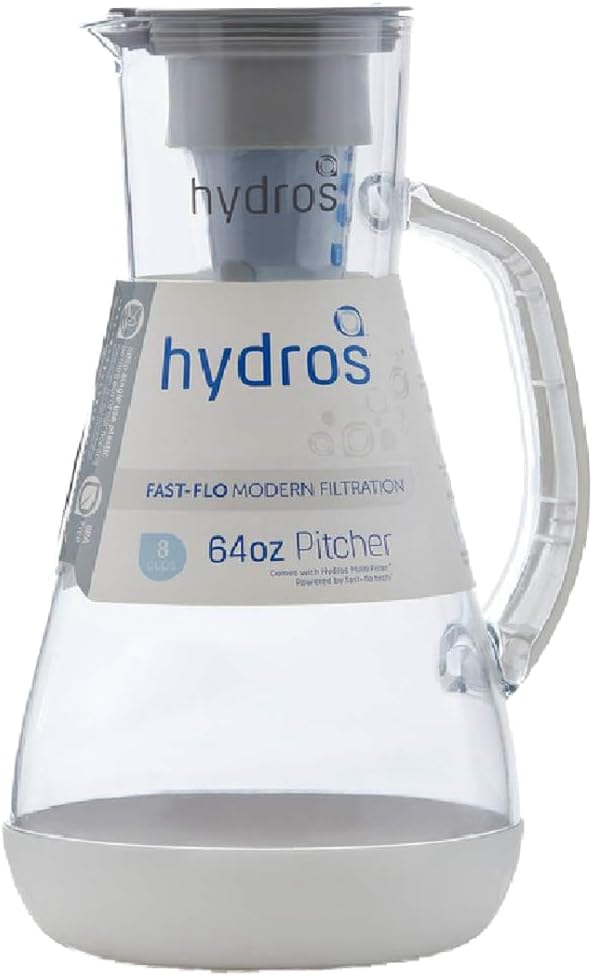 Hydros 64 Ounce Water Filter Pitcher with Patented Fast Flo Tech, 60 Second Quick Fill-Up and BPA-Free Recyclable Filter, Eight Cup Capacity, White