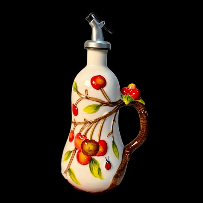 18 Oz Hand Painted Relief Ceramic Olive Oil Bottle Dispenser for Kitchen, Oil and Vinegar Bottle, Seasoning Bottle with Stainless Steel Nozzle, 540mL Oil Container with Handle for Cooking, Light Proof