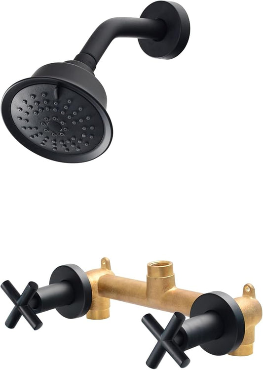 2 Handle Shower Faucet,Wall Mounted Two Handles Shower Faucet Set with 3 Modes Rainfall Shower Head,2 Knobs Single Function Shower Trim Kit with Rough-in Valve,Matte Black,1A3MK