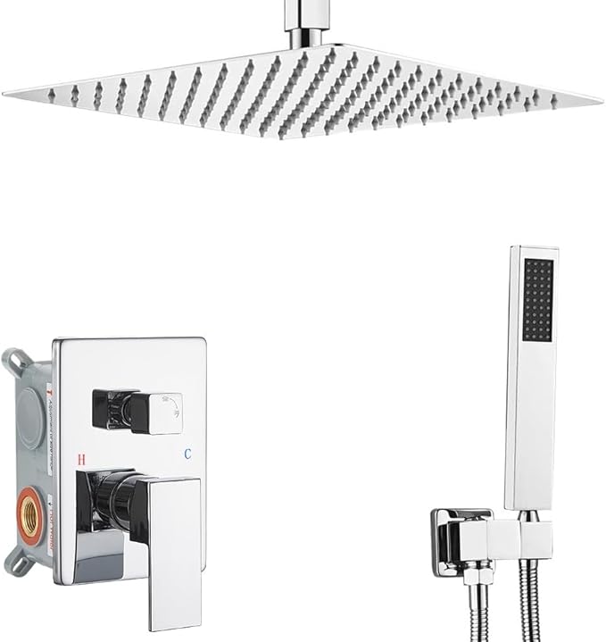‎Polished Chrome Shower System Bathroom 12 Inch Rain Shower Head Ceiling Mount with Handheld Luxury High Pressure Shower Combo Set Shower Faucet Rough-in Valve Body and Trim Included