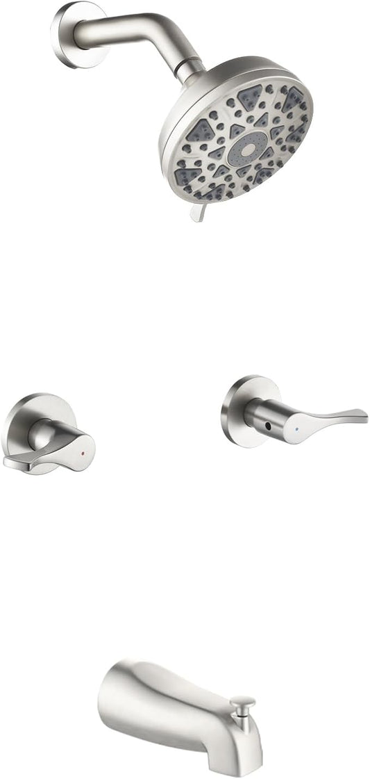 2 Handle Shower Faucet Set with Tub Spout Bathtub Shower Faucet Combo Set Shower System Complete Tub and Shower Trim Kit Wall Mounted Shower Fixtures Brushed Nickel