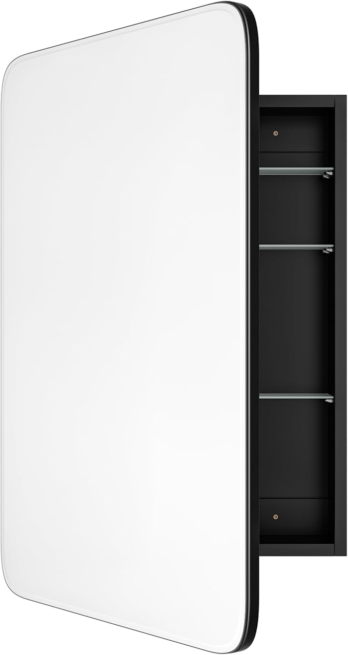 Vintage-Style Bathroom Wood Black Cabinet with 17.5''x29'' Curved Mirror, Recessed Medicine Cabinet, Bathroom Storage Cabinet