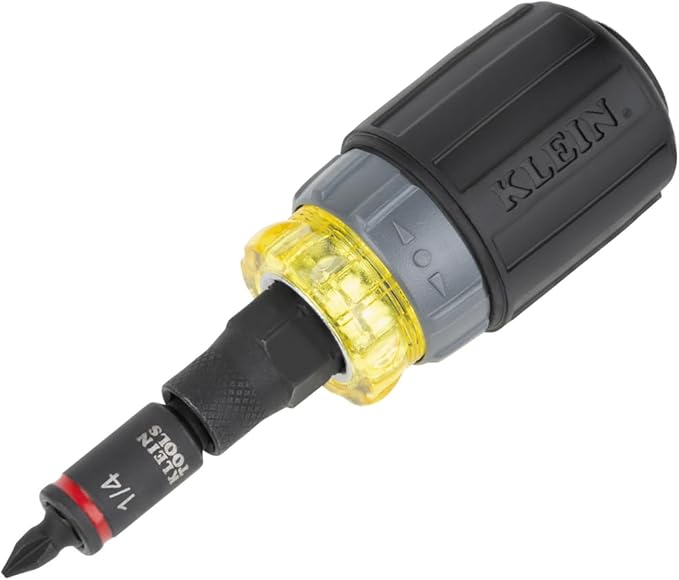 Klein Tools 32561HDRT KNECT 7-in-1 Ratcheting Screwdriver, Impact Rated, Stubby with Phillips, Slotted Bits, 3 Nut Drivers, Adapter, 7-Piece