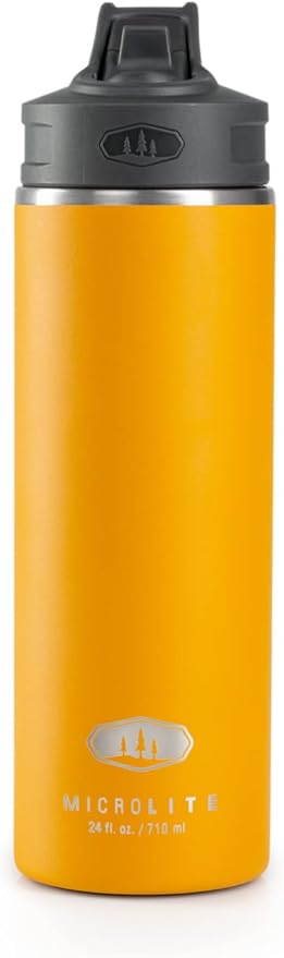 GSI Outdoors, Microlite Water Bottle with Straw Lid, Vacuum-Insulated Stainless Steel, for Camping, 24 oz. Mineral Yellow